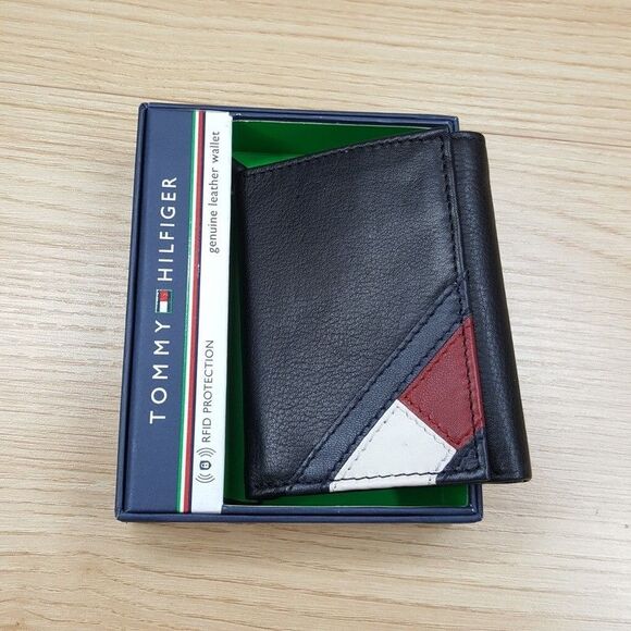 TOMMY HILFIGER Mens Black Leather Wallet Trifold RFID Flag Logo - Picture 1 of 6